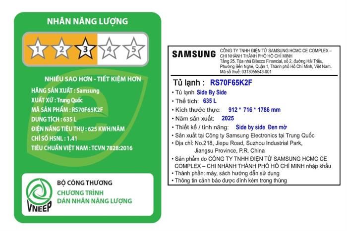 Tủ lạnh Samsung Inverter 635 lít Side By Side RS70F65K2FSV